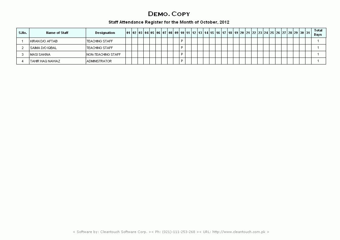 staff attendance register