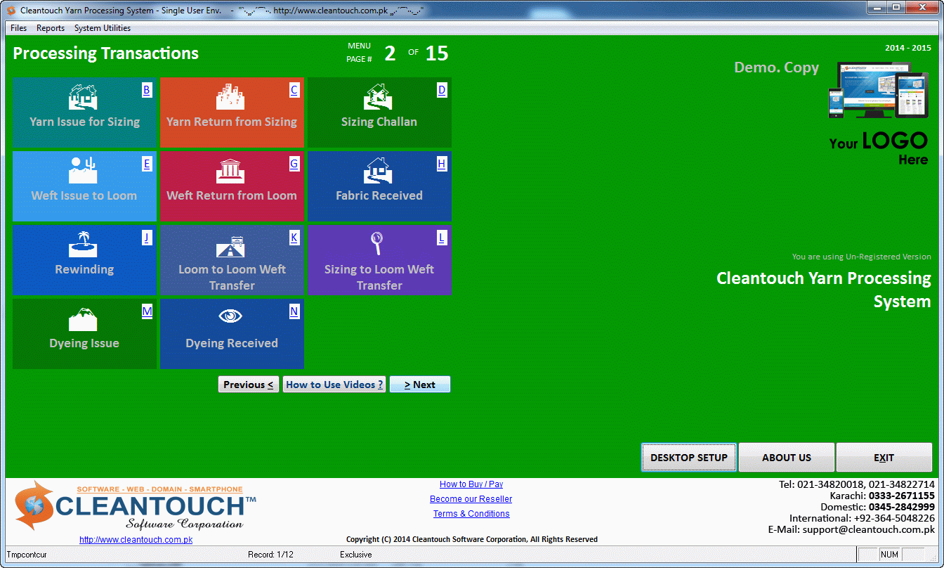 Cleantouch Yarn Processing System screenshot Cleantouch Yarn Processing System screenshot